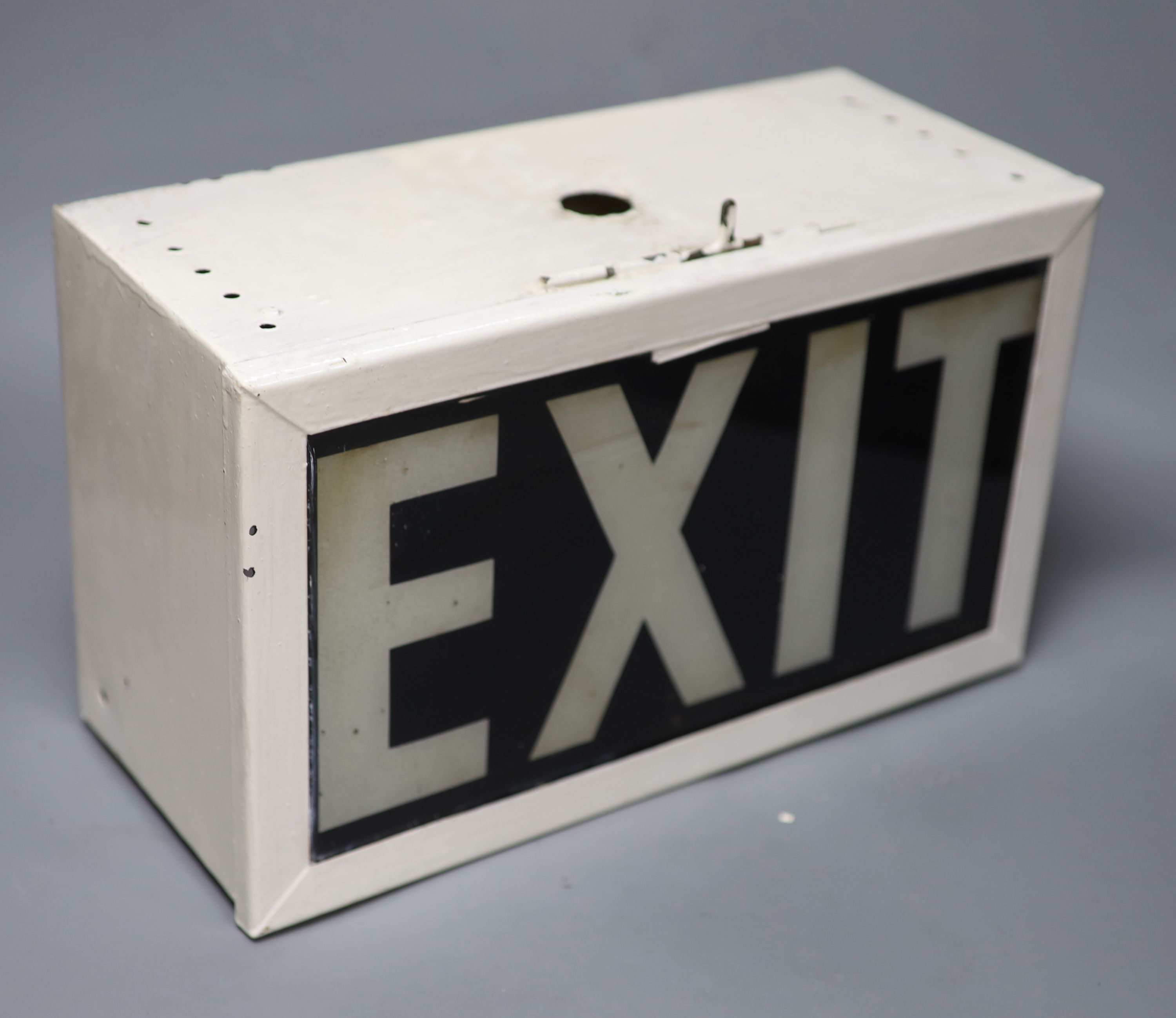 A vintage painted metal and glass EXIT sign, length 37.5cm